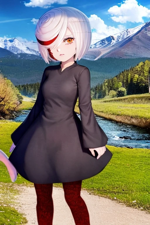 1girl, sageai, black dress, red legwear, mountain, river <lora:sageai-mk2-final-nohc:1>
