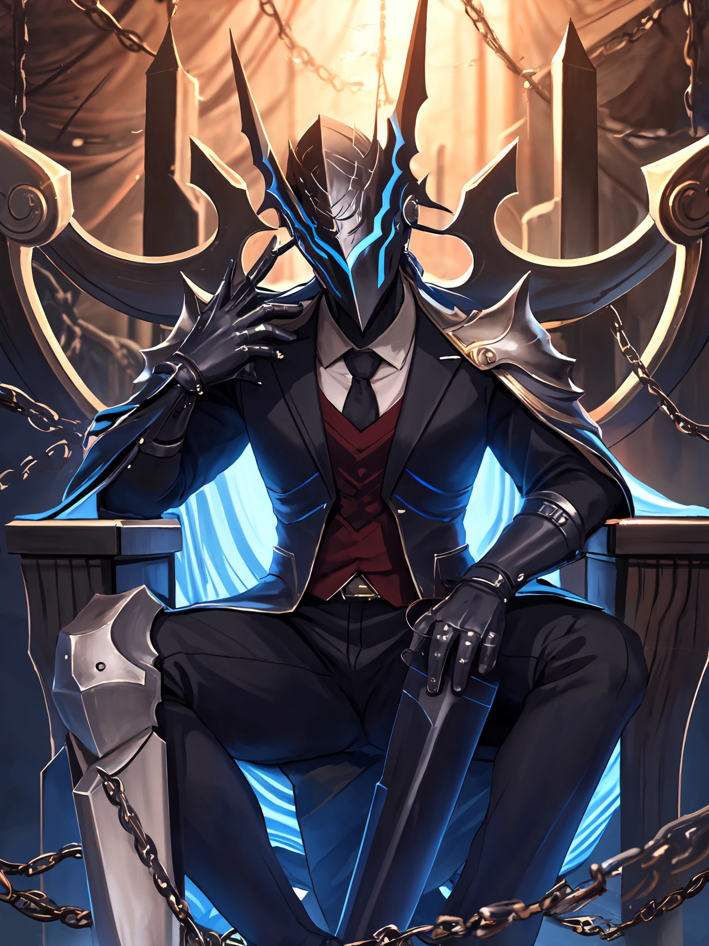 masterpiece,best quality,highres,cinematic lighting,dramatic angle,1boy,<lora:ShadowverseKyrzaelV1-000054:0.9:OUTSTYLE>,helmet,cape,armor,black suit,necktie,circlet,cowboy shot,chain,sitting,leg crossed,looking at viewer,throne,hands together,thinking