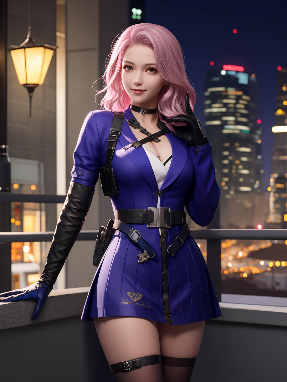 CFyunyouyouBW, 1girl, solo, pink hair, choker, dress, asymmetrical legwear, elbow gloves, belt,holster, breasts, jewelry,cityscape, night, looking at viewer, mature female,<lora:CFyunyouyouBWi:0.75>,light smile, cowboy shot,
