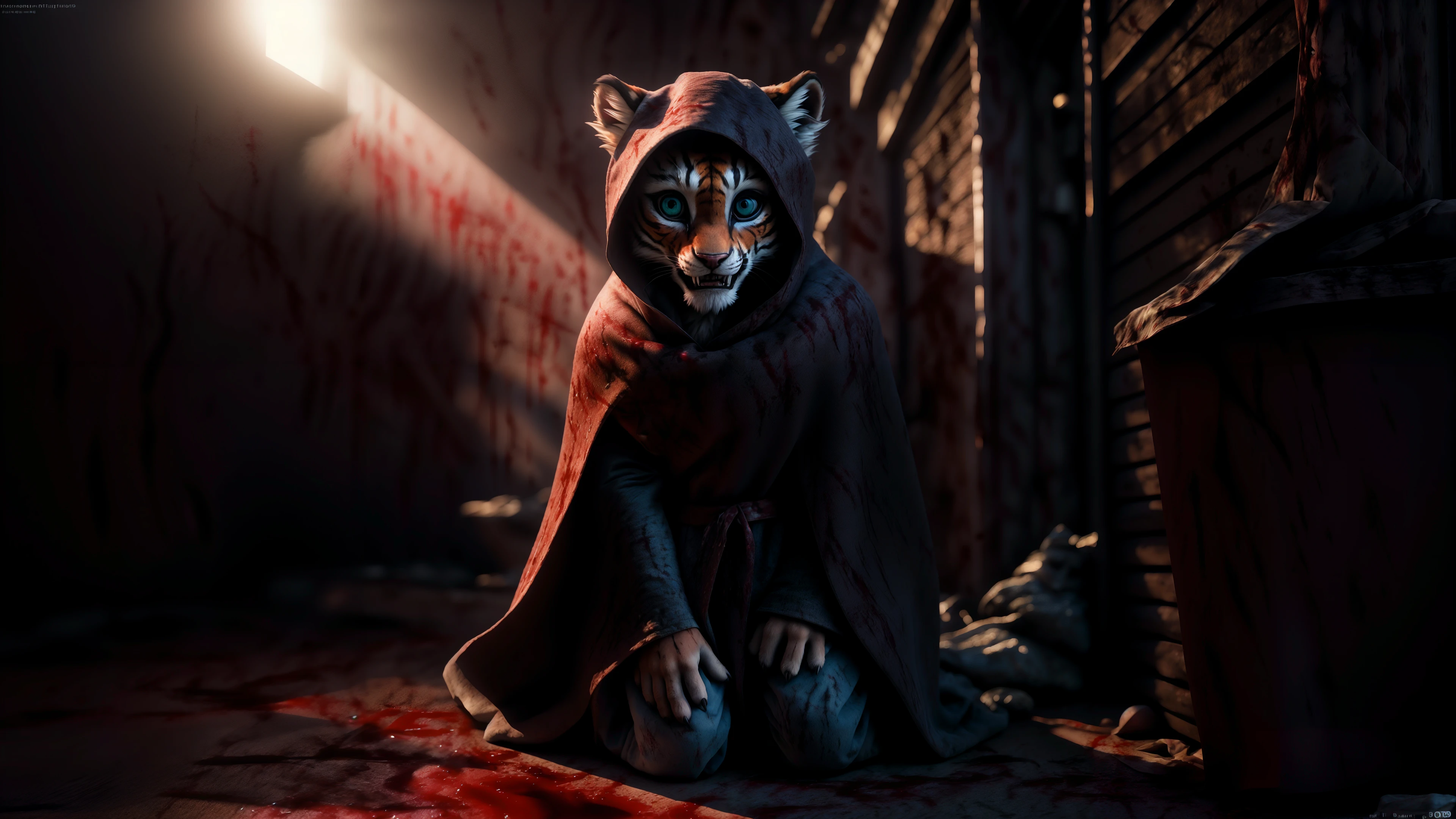 (blood flows down the fur, girl covered on blood:1.4), detailed background, furry female, tiger, long hair,, anthro, blush, pawpads, kneeling, full body, smiling, cute, shy, young, petite, slim, feminine, large eyes, breasts, happy to killing, aggressive, (crazy, mad, psycho:1.4), (half-closed eyes:0.4), teeth, claws, killer in town, knife, cloak, night street,
3d octane render, unreal engine raytraced screenshot, cgi, photorealistic, redshift, unrealistic lighting,high detail, realistic, masterpiece, absurdres, best quality, HDR, high quality, high-definition, extremely detailed, 8k wallpaper, intricate details, 8K uhd, Full-HD, (realistic photo:1.2), contrast, harsh lighting, cinematic lighting, natural lighting, hard light, backlighting, ray tracing, global illumination, ambient occlusion, depth of field, Field of View, lens flare, bloom, stunning environment, Rim Lighting, Soft Lighting, Accent Lighting, Filmic, Tonal Colors, Nikon D750, Brenizer Method, F/2.8, Tonal Colors, ProPhoto RGB, Perfectionism, Diffraction Grading, RAW photo, dslr, film grain, Fujifilm XT3 <lora:crazyExpressions_crazyExpressions:0.3>