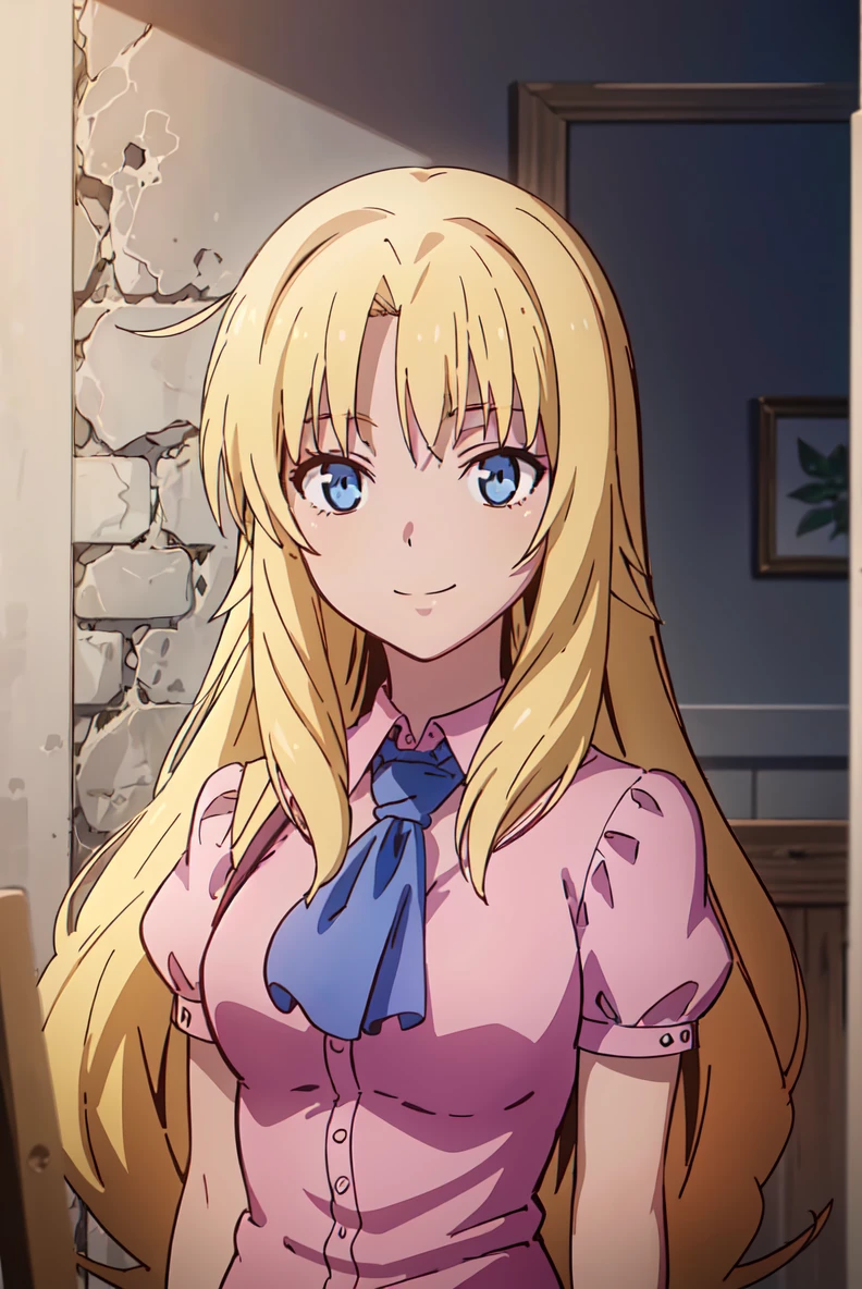 (extremely detailed CG unity 8k wallpaper), (masterpiece), (best quality), (ultra-detailed), (best illustration), (best shadow), (absurdres),   <lora:rita-13:0.65>,rita, 1girl, solo, blonde hair, long hair, blue eyes, smile, bag, looking at viewer, pink shirt, shirt, ascot, short sleeves, upper body, puffy sleeves