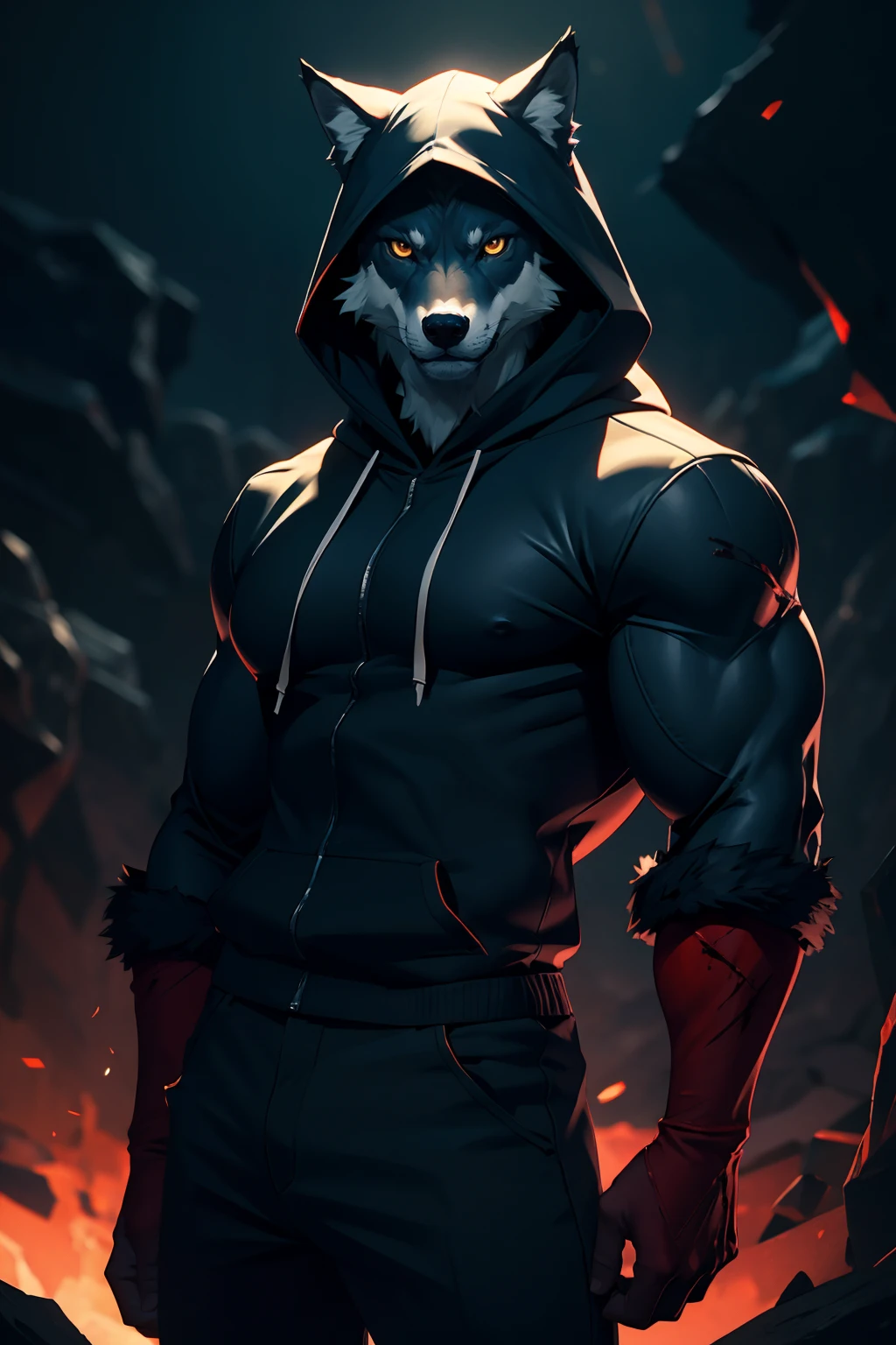 highres, masterpiece, perfect lighting, bloom, cinematic lighting, adult, looking at viewer, wolf anthropomorphism, hoodie, blood, muscular, dark mood, fur