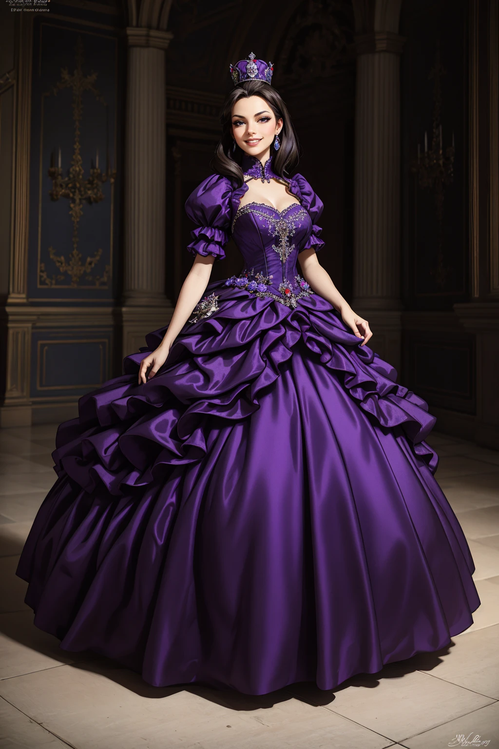 ((Masterpiece, best quality)), edgQuality,smug,smirk
ballgown, a woman in a purple dress posing for a picture , wearing a ballgown,crown,
 <lora:edgBallgown_MINI:1>