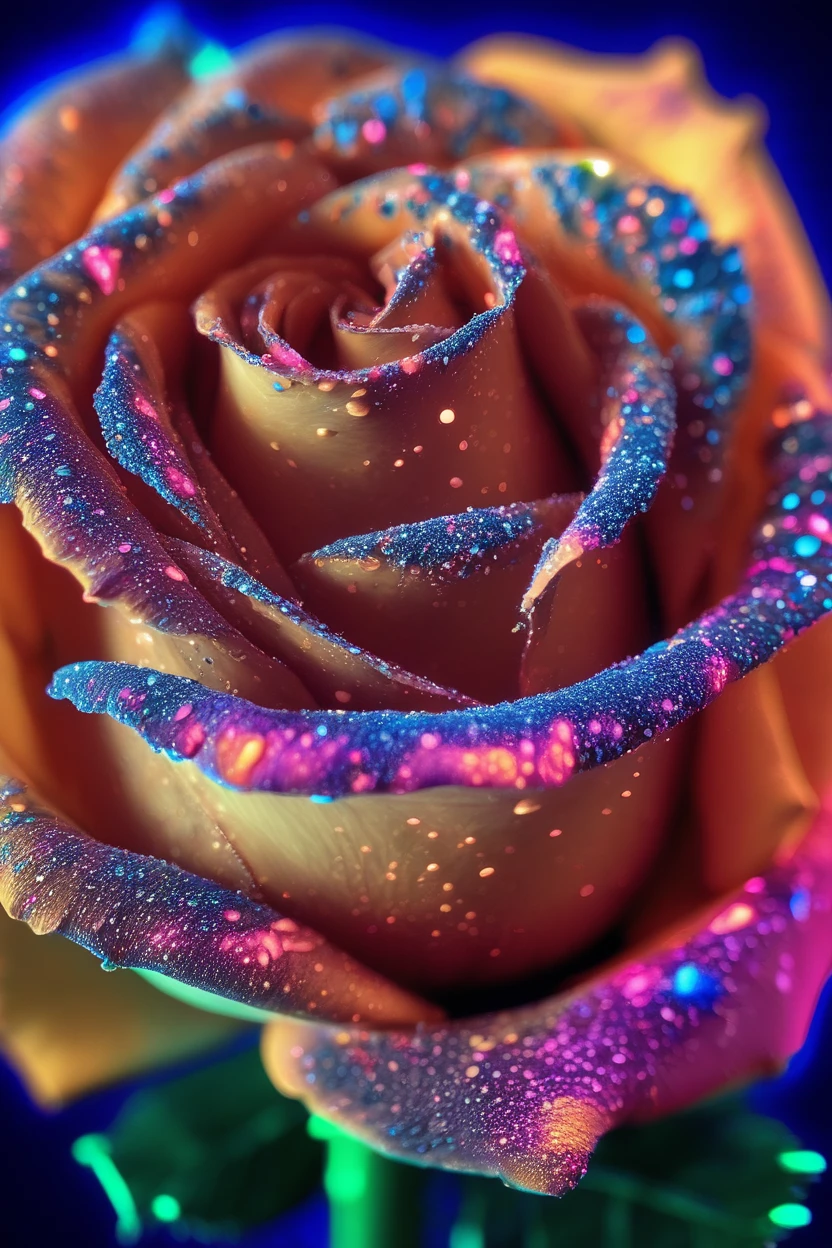 a photo of a rose with blacklight makeup, detailed, intricate, elegant, vibrant colors, masterpiece, cinematic, 8k <lora:blacklight_makeup_v1:1>