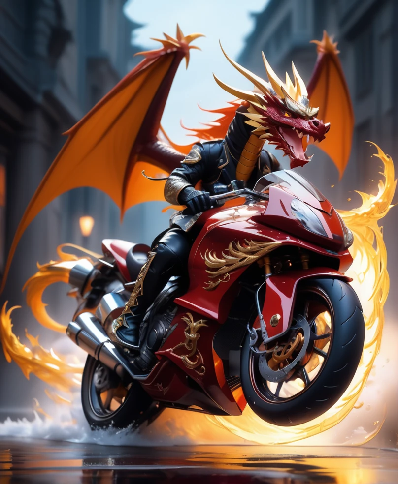 (masterpiece, high detail, best quality), a dragon riding a motorbike