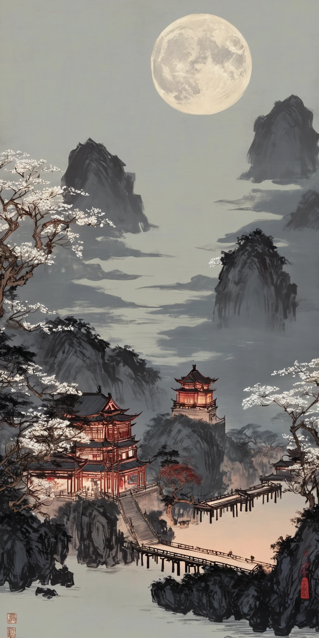 masterpiece,best quality,chinese style,outdoors,sky,cloud,water,tree,no_humans,night,moon,fire,building,night_sky,scenery,full_moon,stairs,mountain,architecture,bridge,east_asian_architecture,cinematic lighting,strong contrast,high level of detail,Best quality,masterpiece, , <lora:landscape-painting-sdxl_v2-000004:0.8>, QIEMANCN,