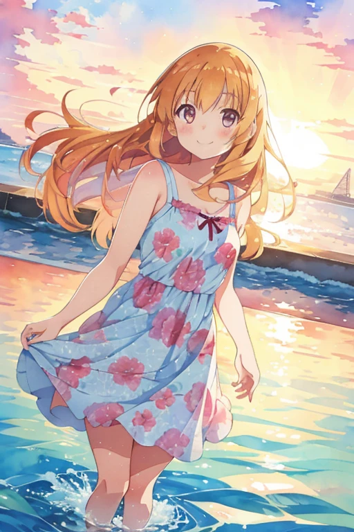 A young girl in a light floral dress, feet in the water, smile, ^_^, hair in the wind, long hair, golden hour, anime style, manga, watercolor