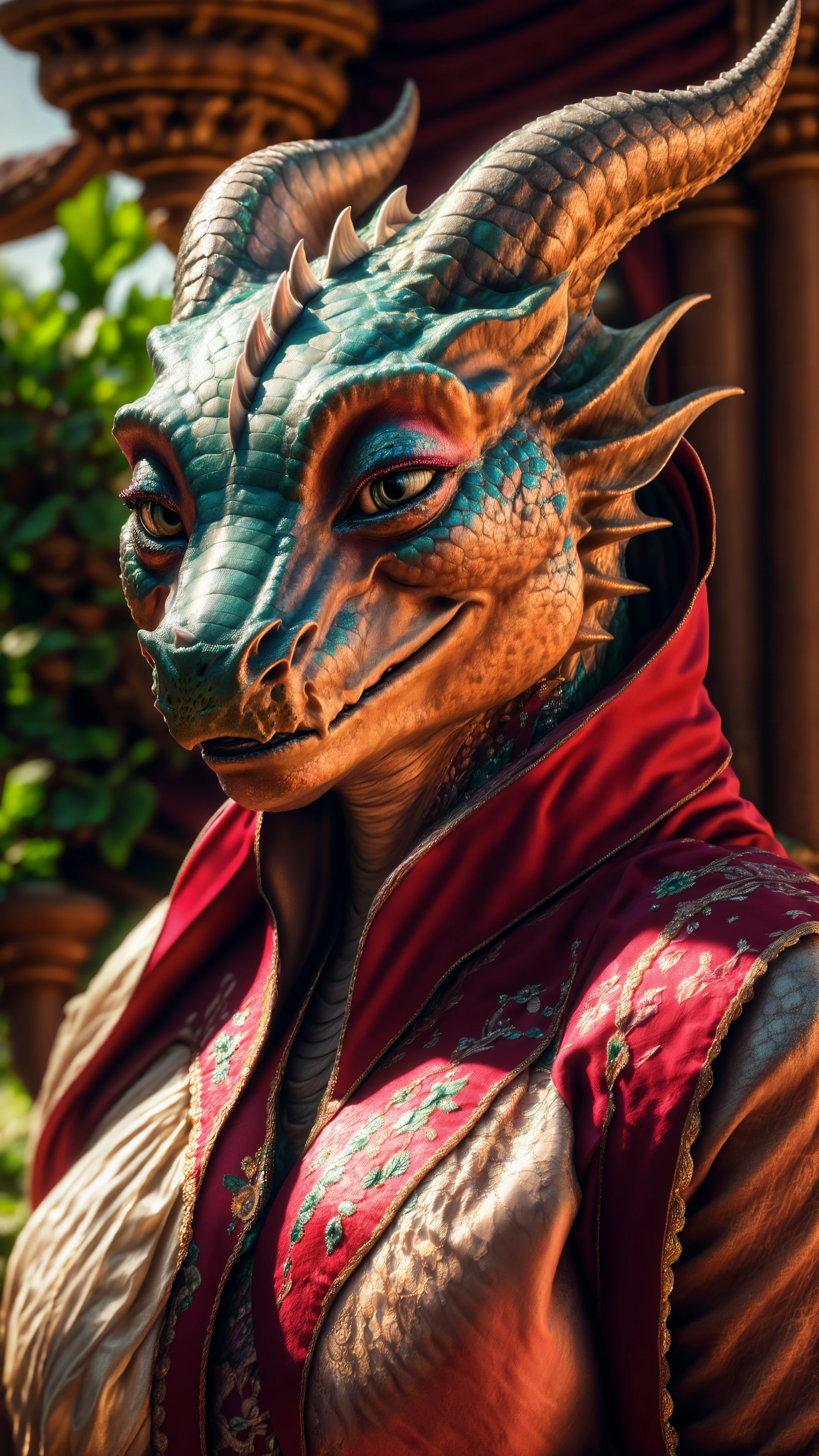 High detail, film, cinematic, realistic, girl, huge breasts, jewels, (luxury clothes), solo, (makeup), detailed background ,kobold, female, smiling, multicolored scales, red robe, detailed fabric,
detailed scales, realistic scales, kobold horns, scaly tail, (full body)