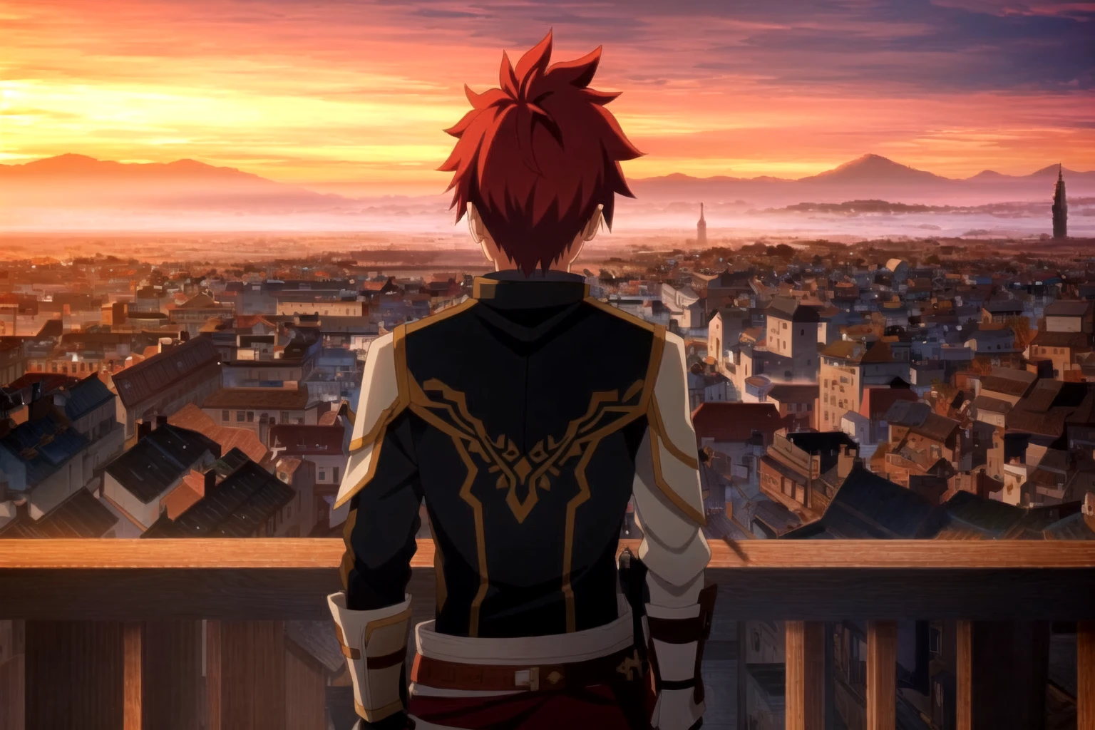 ufotable style, 1boy, hand in pocket, from side, looking at viewer, messy hair, red hair, sunset, cityscape, upper body, from behind, light rays, light particles, feathers, scenery, masterpiece, best quality,
<lora:ufotable_lycoris_v4:1>