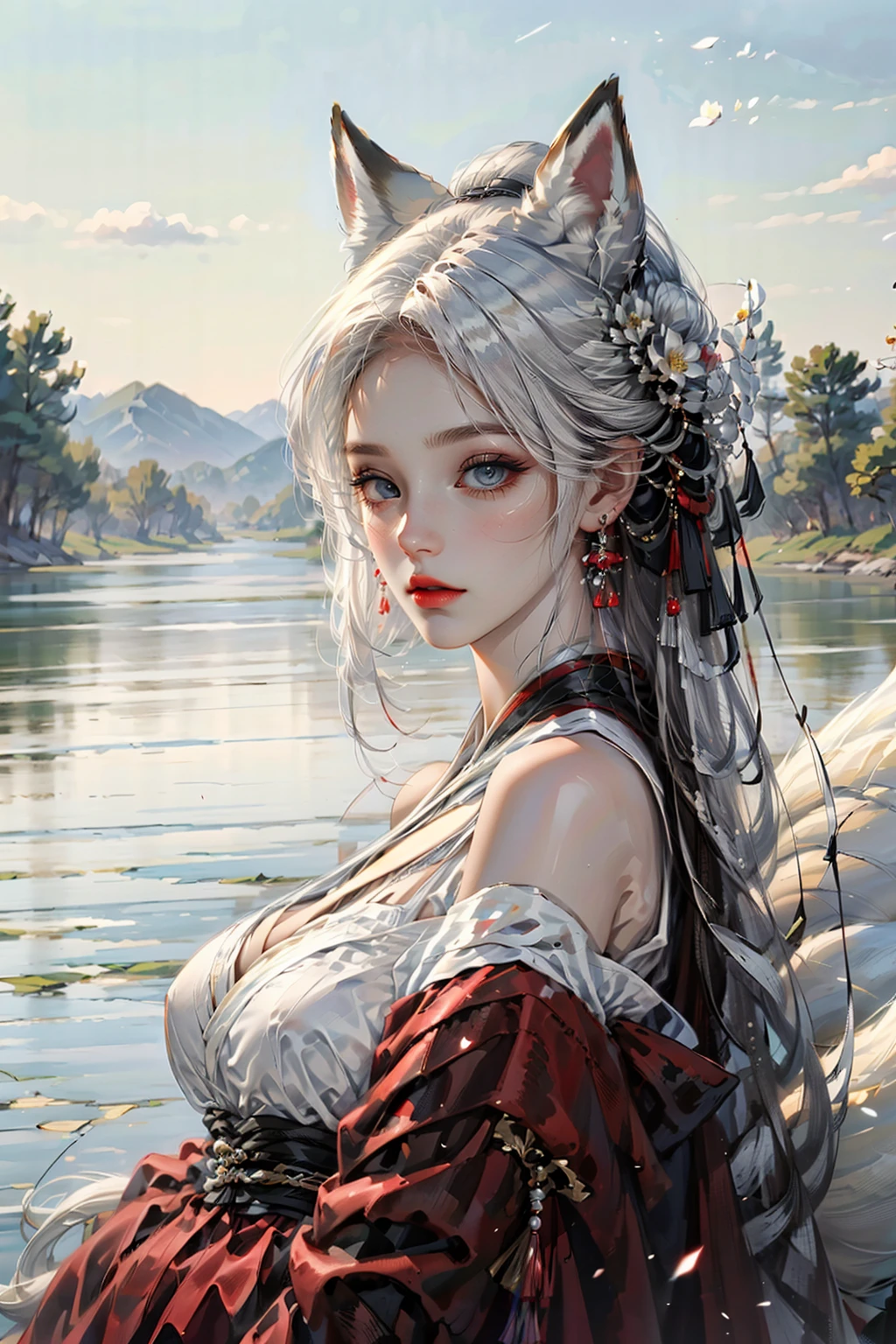 (hair_flaps:1.4),face lighting,bright backlight,medium breasts,super high resolution,best quality,Photos,4k,(Realistic:1.2),huli,1girl,white hair,fox ears,blue eyes,china_dress,hanfu,makeup,(full_shot:1.2),(tail:1.2),<lora:huli_09:0.9>,(very long hair:1.1),