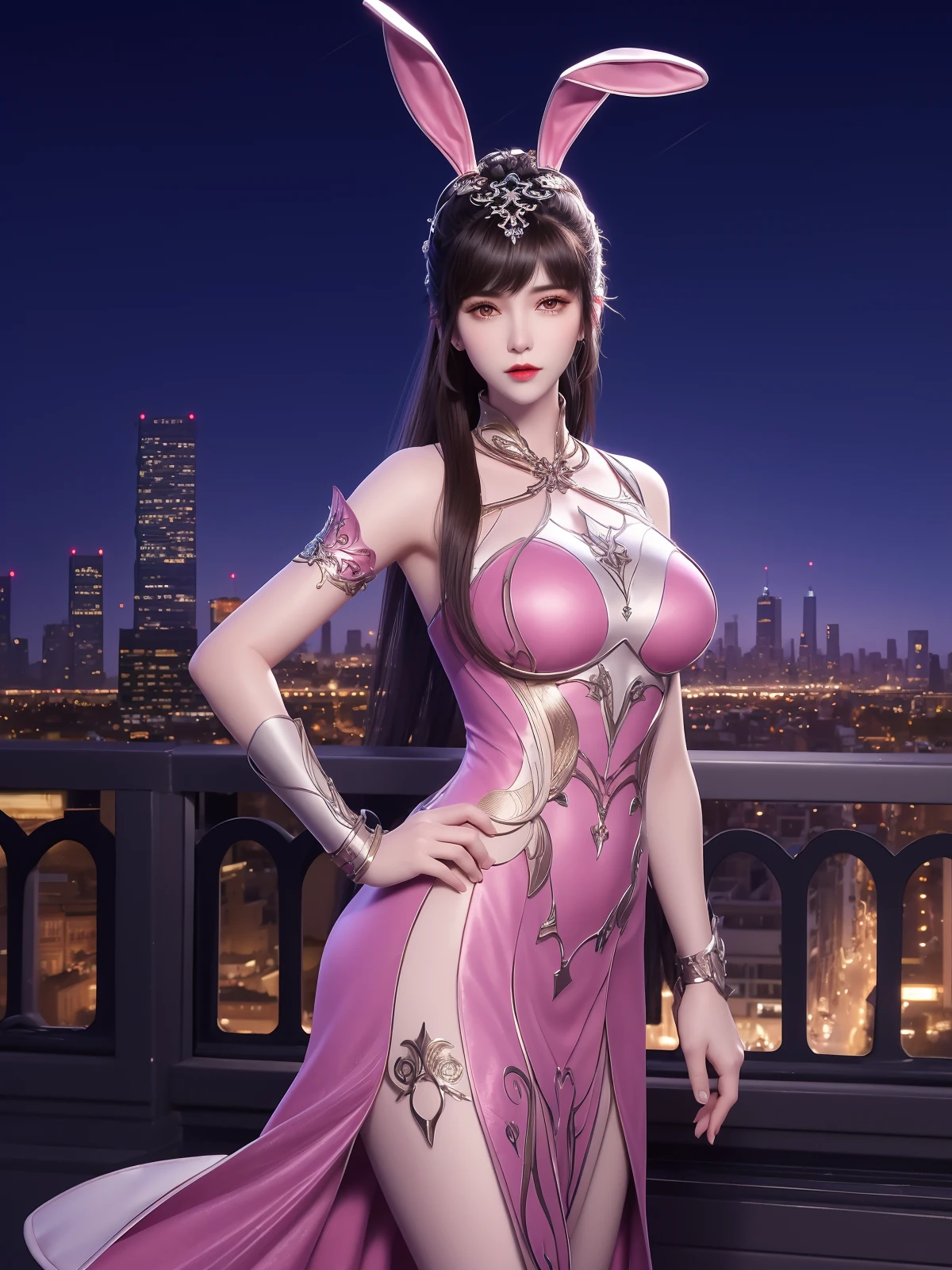 DLDLxiaowu, 1girl,solo, rabbit ears, pink dress, long hair, brown hair, hair ornament, ponytail, metal collar,wrist cuffs,looking at viewer,<lora:DLDLxiaowu:0.75>,mature female, cityscape, night, hand on hip,cowboy shot,