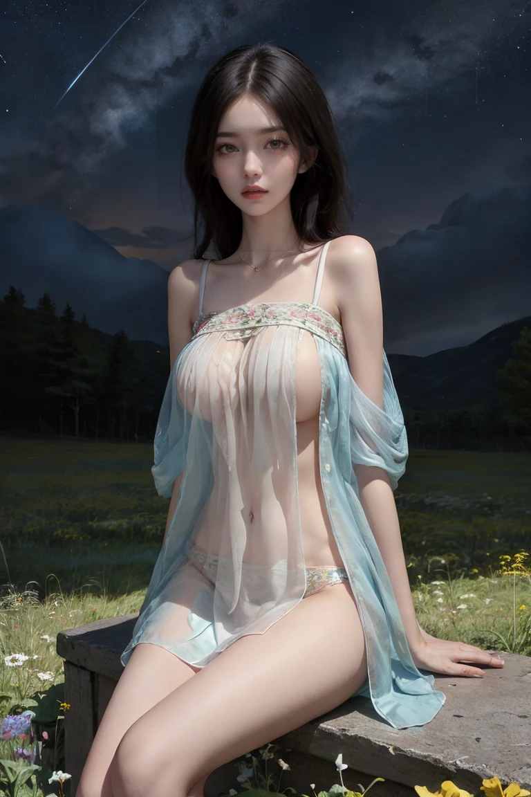 1girl,see-through,dress,meadow,starry sky,panties,cleavage,<lora:Transparent traditional sexy outfit(68):0.8>,large breasts,sitting,arms_behind_back,