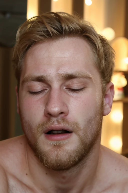 masterpiece, best quality, highres, intricate detail, photo of a handsome Swedish man with platinum blonde hair, comb over, close up, looking at viewer, from above, kneeling, long beard, chest hair, armpit hair, completely nude, open mouth, face focus, shock, muscular male, penis, locker room, <lora:MaleBukkakeLora:0.7>, (cum on beard:1.2), (cum on face:1.2), cum in hair, (excessive cum:1.2), cum on tongue, cum in mouth, cum on body,