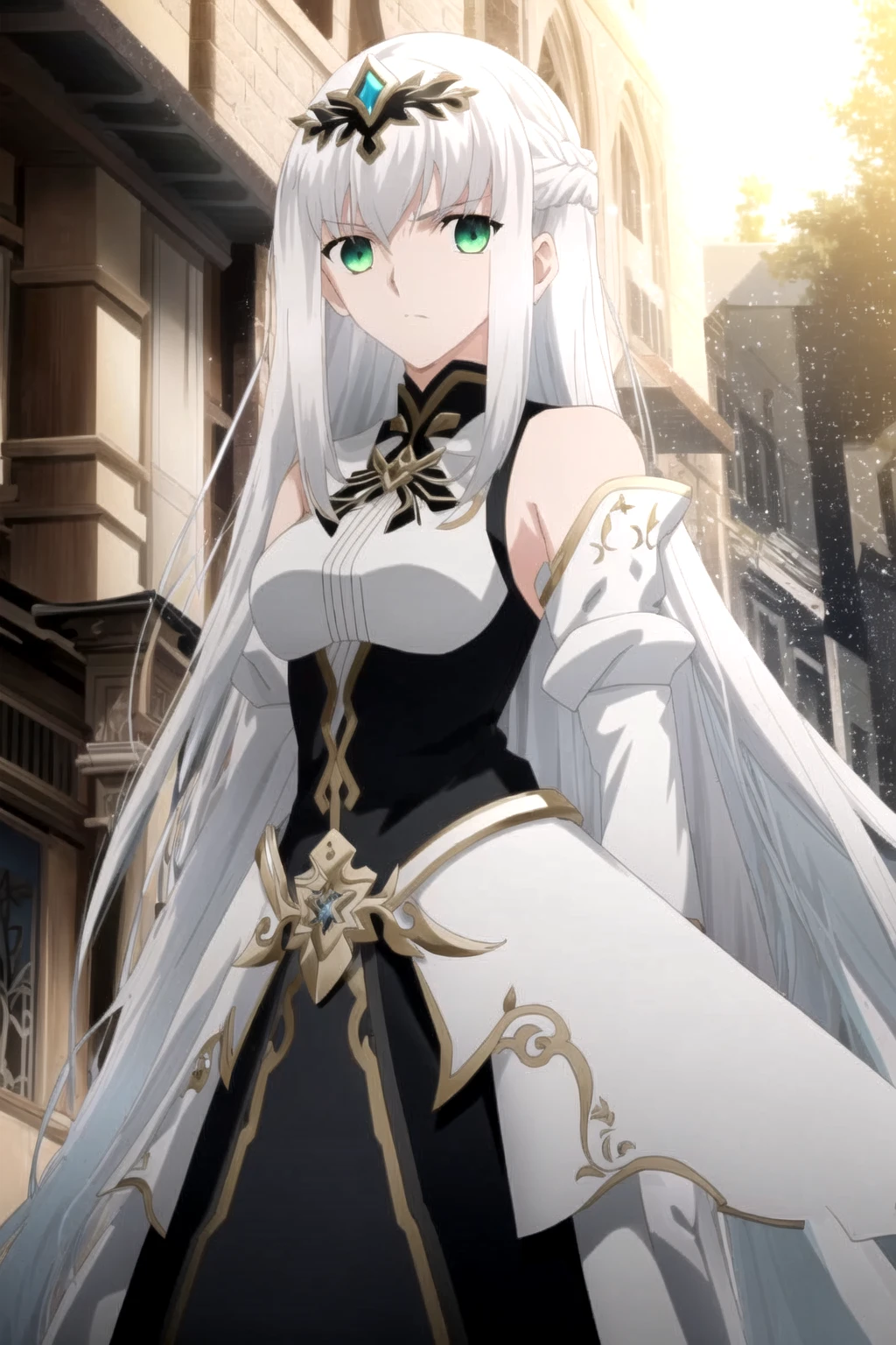 ufotable style, 1girl, long hair, white hair, green eyes, 1girl, street, night, black dress, juliet sleeves, white jacket, sleeveless jacket, light particles, light rays, darkness, straight hair, hair intakes,
<lora:ufotable_lycoris_v4:1>