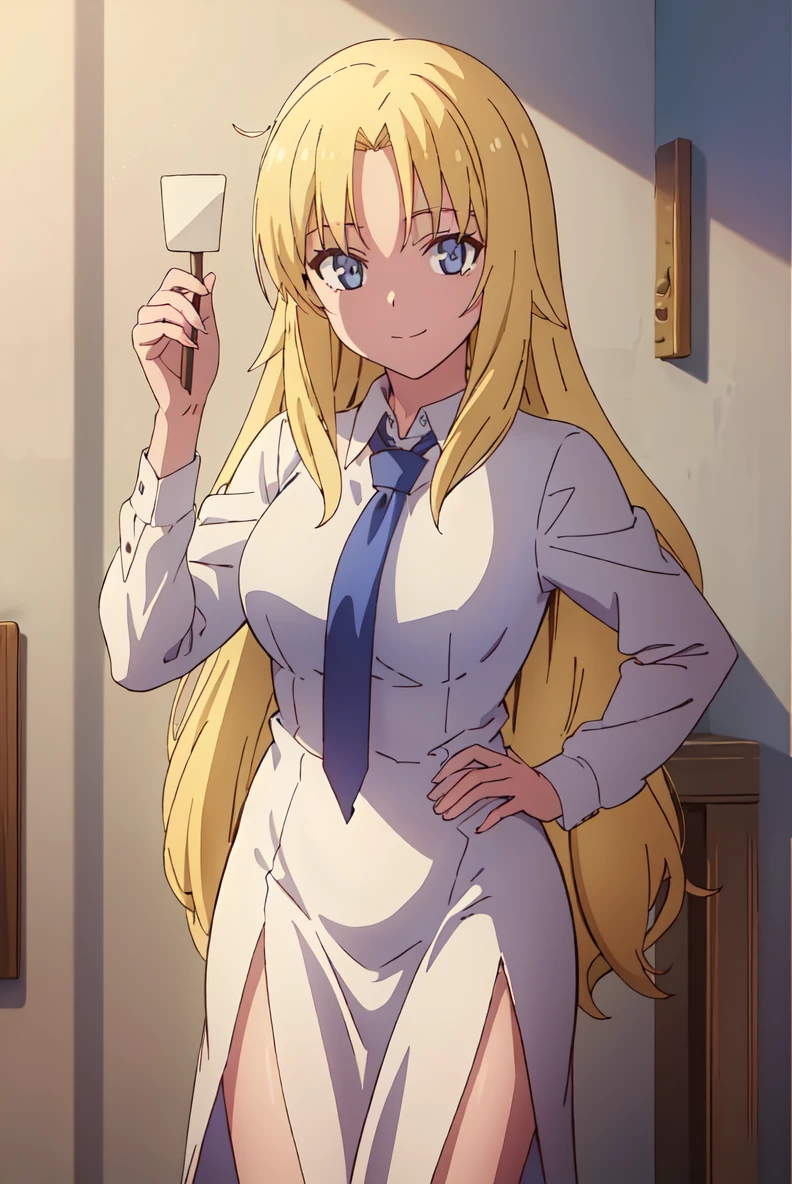 (extremely detailed CG unity 8k wallpaper), (masterpiece), (best quality), (ultra-detailed), (best illustration), (best shadow), (absurdres),   <lora:rita-13:0.7>, rita, 1girl, solo, blonde hair, long hair, blue eyes, smile, looking at viewer, bangs, necktie, closed mouth, blue necktie, portrait, dress, shirt, anime coloring