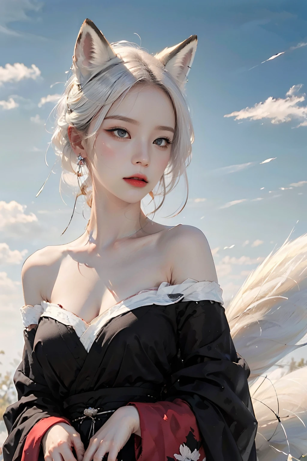 face lighting,bright backlight,medium breasts,super high resolution,best quality,Photos,4k,(Realistic:1.2),huli,1girl,white hair,fox ears,blue eyes,china_dress,hanfu,<lora:huli_09:0.9>,beautiful detailed glow, floating ashes, beautiful and detailed explosion, red moon, fire, fire cloud, wings on fire, a cloudy sky, smoke of gunpowder, burning, black dress, dove of peace, (floating cloud:1.2),