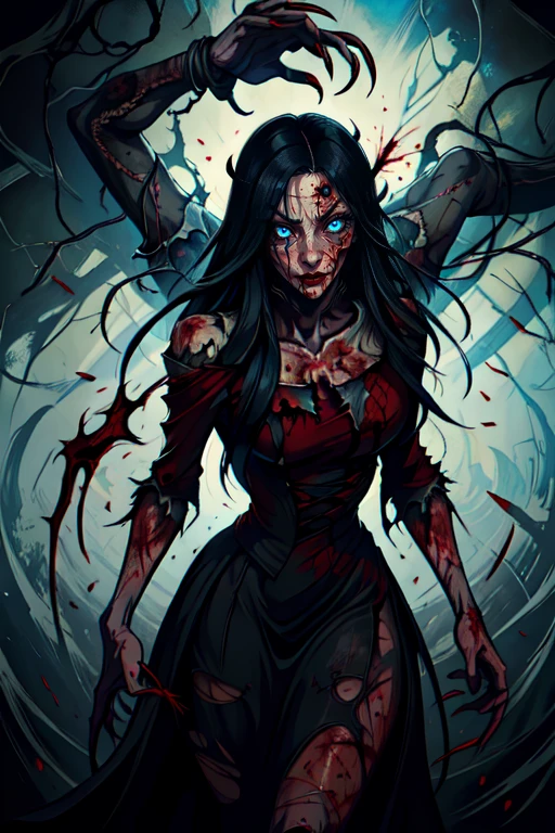 Laura, red lips, blue eyes, long black hair, 
red dress,  from above,  skin tight,  torn clothes, 
 upper body,  solo,  standing,   serious,  long fingernails, 
hospital, dark,  horror \(theme\), blood on clothes,  
(insanely detailed, beautiful detailed face,beautiful detailed eyes, masterpiece, best quality)  <lora:LauraVictoriano:0.7>