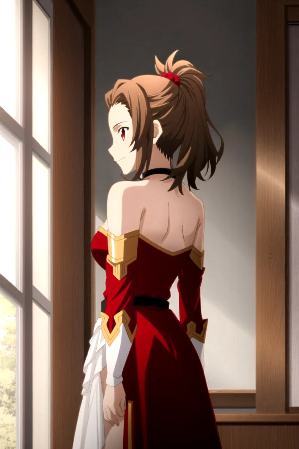 ufotable style, 1girl, solo, medium hair, brown hair, red eyes, (forehead), parted bangs, red dress, off shoulder, strapless dress, indoors, sunset, window, medium breasts, light particles, sunbeam, upper body, smile, arms behind back, detached sleeves, looking away, looking at another, ponytail,
<lora:ufotable_lycoris_v4:1>