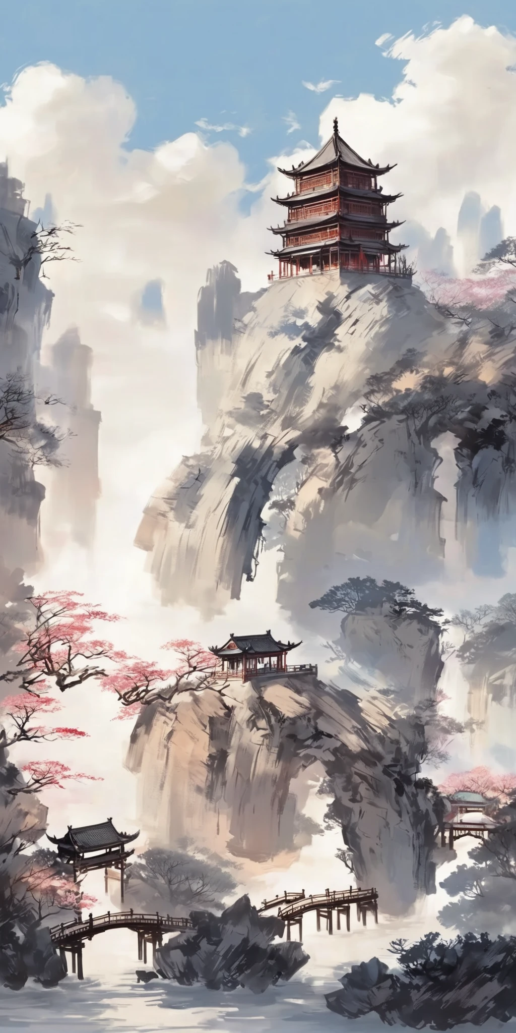 (Masterpiece, Top quality, Best quality, Official art, Beautiful beauty :1.2), (8k, Best quality, Masterpiece :1.2), sky, White clouds, Fairyland, distant mountains, Chinese architecture, bridge, shade, soft sunlight, depth, soft light and shadow, correct structure, HD, 2d, game scene, rich colors<lora:landscape-painting-sdxl_v2-000004:0.8>, QIEMANCN,