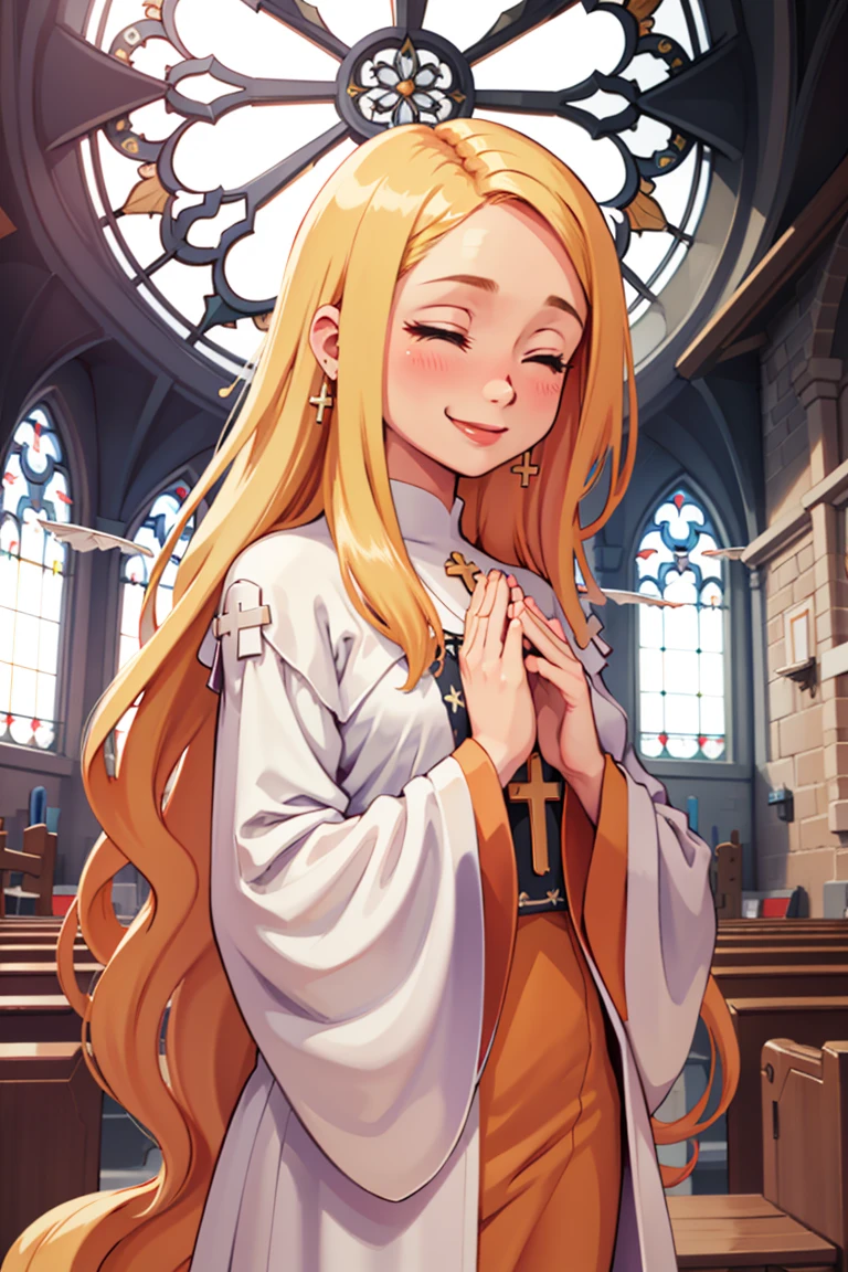 ((masterpiece,best quality)), absurdres,
<lora:Alouette_La_Pucelle_Anime:0.8>, blonde, robe, very long hair, cross,
solo, eyes closed praying, smiling, blushing, upper body,
church background, cinematic composition, dynamic pose,