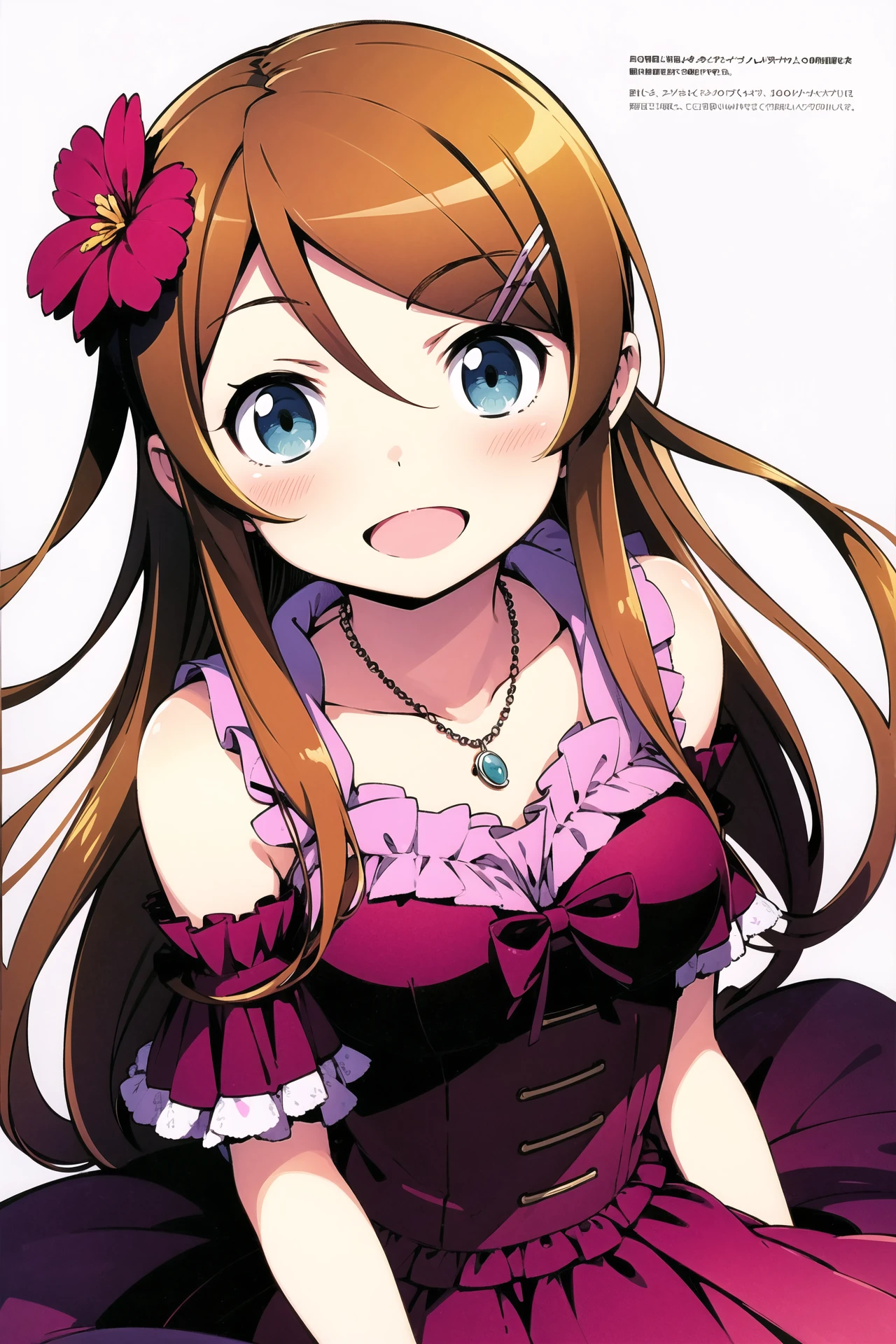 1girl, kousaka kirino, hair ornament, gloves, solo, flower, long hair, dress, open mouth, necklace, hairclip, blush, smile, jewelry, hair flower, orange hair, simple background, pink dress, bare shoulders, looking at viewer, white background, aqua eyes, pink gloves, frills, flower necklace, blue eyes, <lora:Kanzaki Hiro:0.8>
