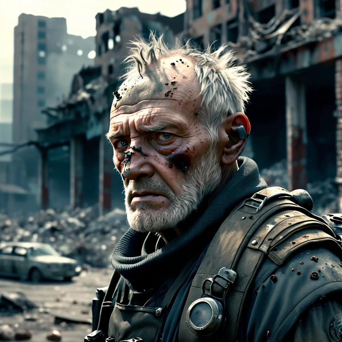 sad old man in a post apocalyptic destroyed city after nuclear blast, newdawn, closeup, high quality photography, 3 point lighting, flash with softbox, 4k, Canon EOS R3, hdr, smooth, sharp focus, high resolution, award winning photo, 80mm, f2.8, bokeh , detailed, realistic, 8k uhd, high quality