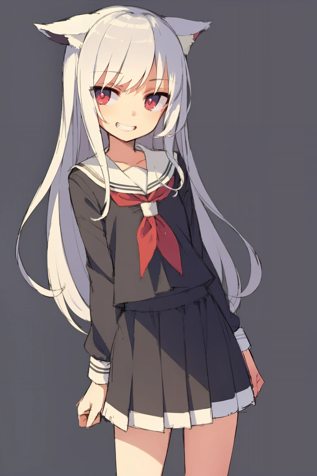 masterpiece, best quality, <lora:style02:1>,1girl,one-hour drawing challenge,sketch,1girl,animal ears, white hair,long hair,red eyes,grin,pupils,school uniform, flat chest,