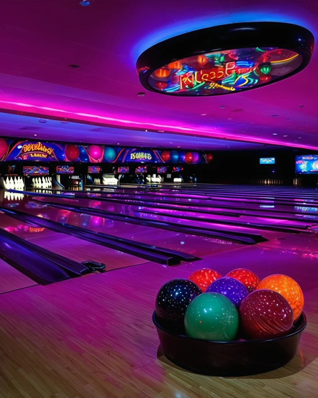 best quality , a bowling alley with bowling balls and neon lights , <lora:Neon_Environments:1> , neon light