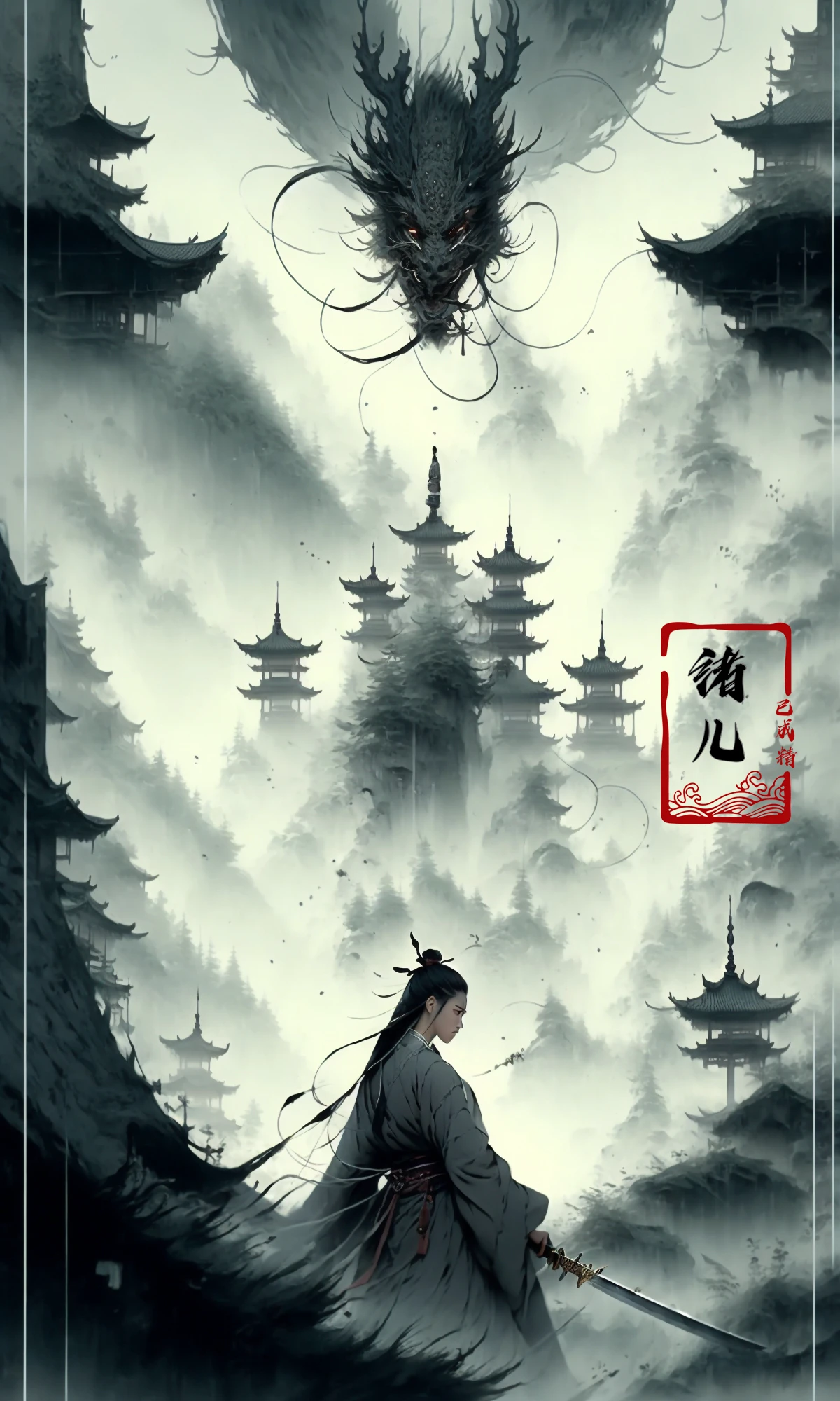 (dramatic, gritty, intense:1.4),masterpiece, best quality, 8k, insane details, intricate details, hyperdetailed, hyper quality, high detail, ultra detailed, Masterpiece,
1girl,solo, hanfu,dress,red ribbon,jewelry,wind,long sleeves,long hair, hair ornament,tassel,
holding weapon, sword,
looking at viewerrealisticbamboo groveChinese architecture
A shot with tension(Visual impact,giving the poster a dynamic and visually striking appearance:1.2),Chinese Zen style,impactful picture,
<lora:~Q?-N-VRQswordsman:1>