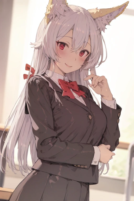 ,masterpiece, best quality,<lora:style09:1>,1girl,animal ears, white hair,long hair,red eyes,smile,school uniform,