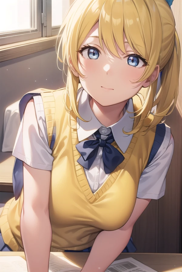 eliayase, <lora:eliayase-lora-nochekaiser:1>,
eli ayase, yellow hair, blue eyes, ponytail, hair ribbon,
BREAK otonokizaka school uniform, pleated skirt, school uniform, short sleeves, skirt, summer uniform, sweater vest, (yellow sweater vest:1.5),
BREAK looking at viewer,
BREAK indoors, classroom,
BREAK <lyco:GoodHands-beta2:1>, (masterpiece:1.2), best quality, high resolution, unity 8k wallpaper, (illustration:0.8), (beautiful detailed eyes:1.6), extremely detailed face, perfect lighting, extremely detailed CG, (perfect hands, perfect anatomy),