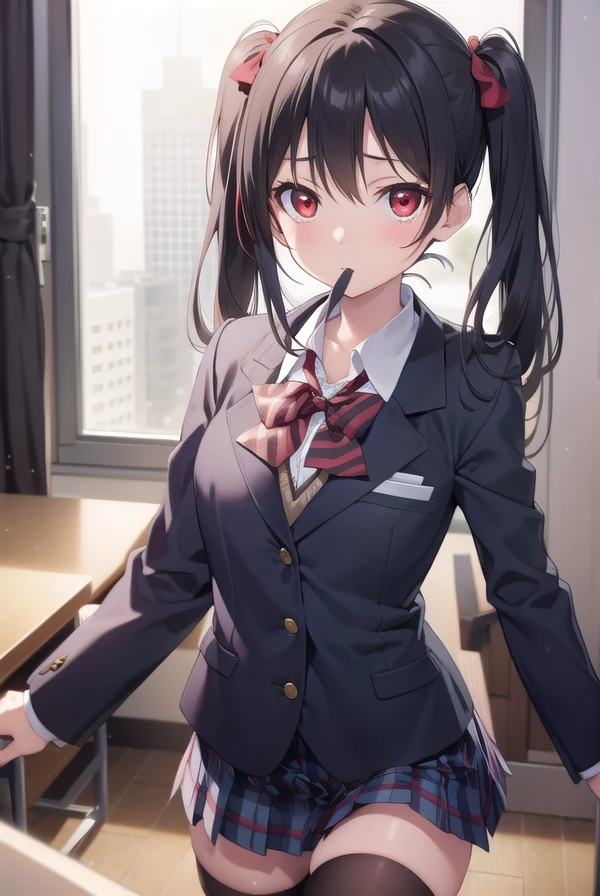 nicoyazawa, <lora:nicoyazawa-lora-nochekaiser:1>,
nico yazawa, black hair, (red eyes:1.5), twintails, hair bow, bow, red bow, (flat chest:1.2),
BREAK blazer, blue skirt, jacket, otonokizaka school uniform, pleated skirt, school uniform, winter uniform,
BREAK looking at viewer,
BREAK indoors, classroom,
BREAK <lyco:GoodHands-beta2:1>, (masterpiece:1.2), best quality, high resolution, unity 8k wallpaper, (illustration:0.8), (beautiful detailed eyes:1.6), extremely detailed face, perfect lighting, extremely detailed CG, (perfect hands, perfect anatomy),