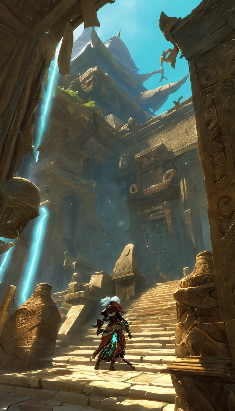 Cinematic scene, hero view, a rogue mage stumbles upon an ancient temple filled with powerful artifacts and magical relics, but must navigate through traps and illusions to retrieve them, action pose, masterpiece, best quality, high quality, highres, absurdres, vivid, Guild Wars 2 <lora:guild_wars_xl_v4:1>