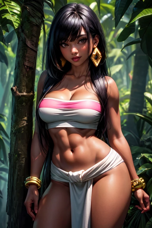 (masterpiece:1.2), (best quality), (ultra detailed), (8k, 4k, intricate),(full-body-shot:1),(cowboy:1.2), (highly detailed:1.2),(detailed face:1.2), (detailed background),detailed landscape, ((portrait)), (dynamic pose:1.2), <lora:more_details:0.5>  <lora:chel:0.7>chel 1girl, solo, long hair, breasts, looking at viewer, smile, bangs, black hair, navel, cleavage, bare shoulders, brown eyes, jewelry, medium breasts, standing, collarbone, thighs, earrings, barefoot, midriff, dark skin, bracelet, dark-skinned female, lips, crop top, strapless, toes, pelvic curtain, tube top, loincloth,forest background