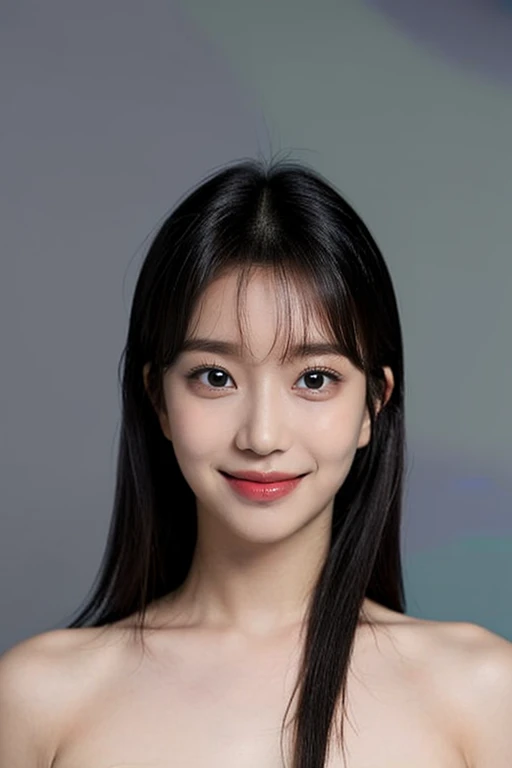 (masterpiece, top quality, best quality, (close-up photograph: 2), ((1girl)), fair skin, (((closed lips))), small eyes, (extremely detailed face), looking straight, ultra-detailed eyes and pupils, ((bare pectorals)), ((bare chest)), bare head, nude dress, (((bare shoulders))), symmetrical frame, ((strapless)), (((smile))), ((symmetrical pose)), looking at viewer, (((looking at viewer))), (symmetrical face: 1.6), 35mm, simple grey background, ((studio lighting)), no watermark, ((long black hair)), bangs, <lora:suminlorashy:0.85>