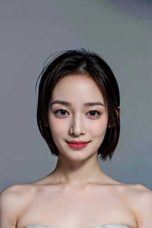 (masterpiece, top quality, best quality, (close-up photograph: 2), ((1girl)), fair skin, (((closed lips))), small eyes, (extremely detailed face), looking straight, ultra-detailed eyes and pupils, ((bare pectorals)), ((bare chest)), bare head, nude dress, (((bare shoulders))), symmetrical frame, ((strapless)), (((smile))), ((symmetrical pose)), looking at viewer, (((looking at viewer))), (symmetrical face: 1.6), 35mm, simple grey background, ((studio lighting)), no watermark, <lora:jurinlorashy:1>