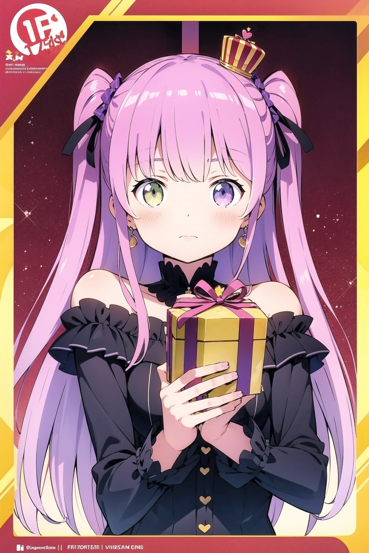 1girl, himemori luna, virtual youtuber, crescent earrings, candy hair ornament, box, heterochromia, solo, jewelry, pink hair, long hair, earrings, green eyes, food-themed hair ornament, gift, purple eyes, looking at viewer, hair ornament, crown, blush, crescent, holding, gradient hair, single hair ring, heart-shaped box, multicolored hair, gift box, closed mouth, holding box, bangs, valentine, bare shoulders, hair rings, holding gift, purple hair, ribbon, mini crown, one side up, upper body, <lora:Kanzaki Hiro:0.8>