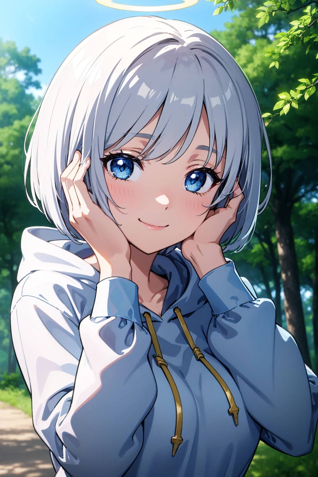 masterpiece, best quality, anime screencap, cute, petite,
short hair, bob cut, silver hair, blue eyes, denim, hoodie, large breasts, halo, smile, long sleeves, hands on own face,
wind, depth of field, forest, close-up,