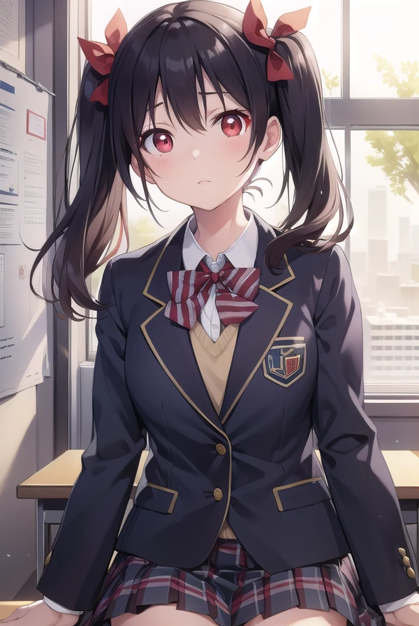 nicoyazawa, <lora:nicoyazawa-lora-nochekaiser:1>,
nico yazawa, black hair, (red eyes:1.5), twintails, hair bow, bow, red bow, (flat chest:1.2),
BREAK blazer, blue skirt, jacket, otonokizaka school uniform, pleated skirt, school uniform, winter uniform,
BREAK looking at viewer,
BREAK indoors, classroom,
BREAK <lyco:GoodHands-beta2:1>, (masterpiece:1.2), best quality, high resolution, unity 8k wallpaper, (illustration:0.8), (beautiful detailed eyes:1.6), extremely detailed face, perfect lighting, extremely detailed CG, (perfect hands, perfect anatomy),