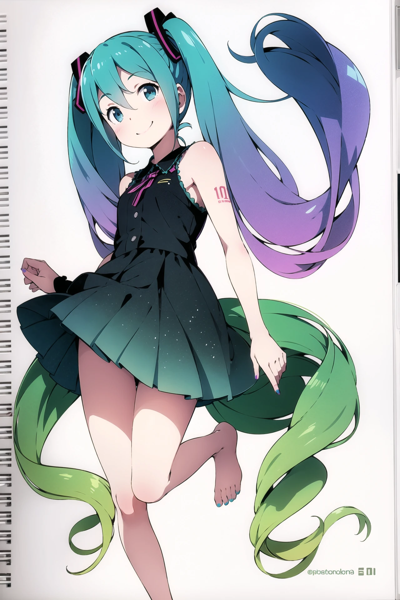 1girl, long hair, solo, hatsune miku, barefoot, twintails, very long hair, gradient hair, multicolored hair, nail polish, skirt, toenails, toenail polish, simple background, smile, standing on one leg, purple hair, white background, aqua hair, full body, bare shoulders, leg ribbon, standing, green hair, feet, ankle ribbon, <lora:Kanzaki Hiro:0.8>