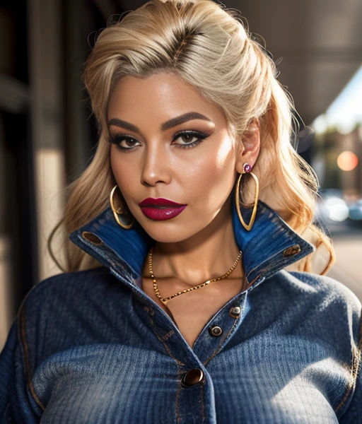 photorealistic, Bridgette, <lora:Bridgette-10:1.0>, highly detailed face, long coat,  pullover, jeans, face portrait shot, earrings, jewelry, lipstick