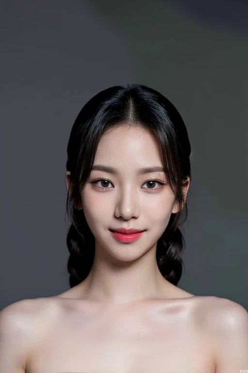 (masterpiece, top quality, best quality, (close-up photograph: 2), ((1girl)), fair skin, (((closed mouth))), small eyes, (extremely detailed face), looking straight, ultra-detailed eyes and pupils, ((bare pectorals)), ((bare chest)), bare head, nude dress, (((bare shoulders))), symmetrical frame, (((strapless))), ((smile)), ((symmetrical pose)), looking at viewer, (((looking at viewer))), (symmetrical face: 1.6), 35mm, simple grey background, ((studio lighting)), no watermark, ((long black hair)), braids, <lora:karinalorashy:0.85>