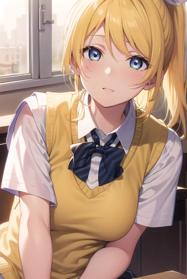 eliayase, <lora:eliayase-lora-nochekaiser:1>,
eli ayase, yellow hair, blue eyes, ponytail, hair ribbon,
BREAK otonokizaka school uniform, pleated skirt, school uniform, short sleeves, skirt, summer uniform, sweater vest, (yellow sweater vest:1.5),
BREAK looking at viewer,
BREAK indoors, classroom,
BREAK <lyco:GoodHands-beta2:1>, (masterpiece:1.2), best quality, high resolution, unity 8k wallpaper, (illustration:0.8), (beautiful detailed eyes:1.6), extremely detailed face, perfect lighting, extremely detailed CG, (perfect hands, perfect anatomy),