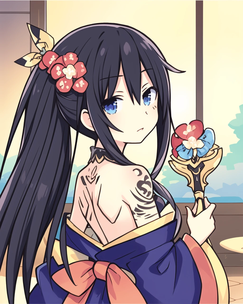 (masterpiece, top quality, best quality, official art, beautiful and aesthetic:1.2),1girl, tattoo, solo, japanese clothes, hair ornament, unsheathing, black hair, sheath, back tattoo, blue eyes, off shoulder, bare shoulders, looking back, from behind, flower, looking at viewer, holding, makeup,
indoor,
