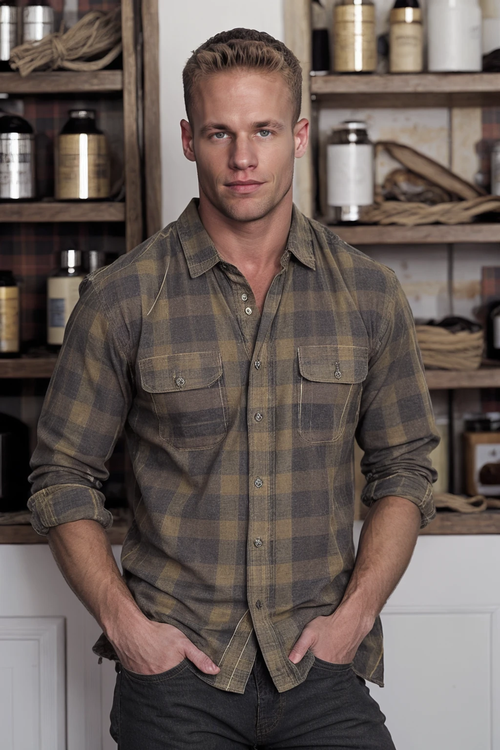 RAW Photo, full shot photo of man matthew_rush posing in plaid shirt with blond hair standing in Casa Battl, <lora:matthew_rush-03:1>, brightly lit, natural lit, detailed