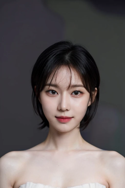 (masterpiece, top quality, best quality, (close-up photograph: 2), ((1girl)), fair skin, (((closed mouth))), small eyes, (extremely detailed face), looking straight, ultra-detailed eyes and pupils, ((bare pectorals)), ((bare chest)), bare head, nude dress, (((bare shoulders))), symmetrical frame, (((strapless))), ((smile)), ((symmetrical pose)), looking at viewer, (((looking at viewer))), (symmetrical face: 1.6), 35mm, simple grey background, ((studio lighting)), no watermark, ((short black hair)), <lora:winterlorashy:0.85>