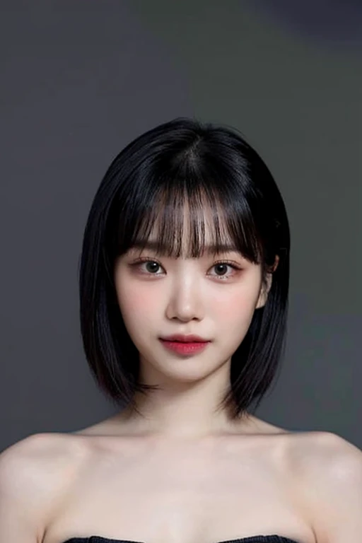 (masterpiece, top quality, best quality, (close-up photograph: 2), ((1girl)), fair skin, (((closed mouth))), small eyes, (extremely detailed face), looking straight, ultra-detailed eyes and pupils, ((bare pectorals)), ((bare chest)), bare head, nude dress, (((bare shoulders))), symmetrical frame, ((strapless)), (smile), ((symmetrical pose)), looking at viewer, (((looking at viewer))), (symmetrical face: 1.6), 35mm, simple grey background, ((studio lighting)), no watermark, ((short black hair)), bangs, <lora:chaewonlorashy:0.85>