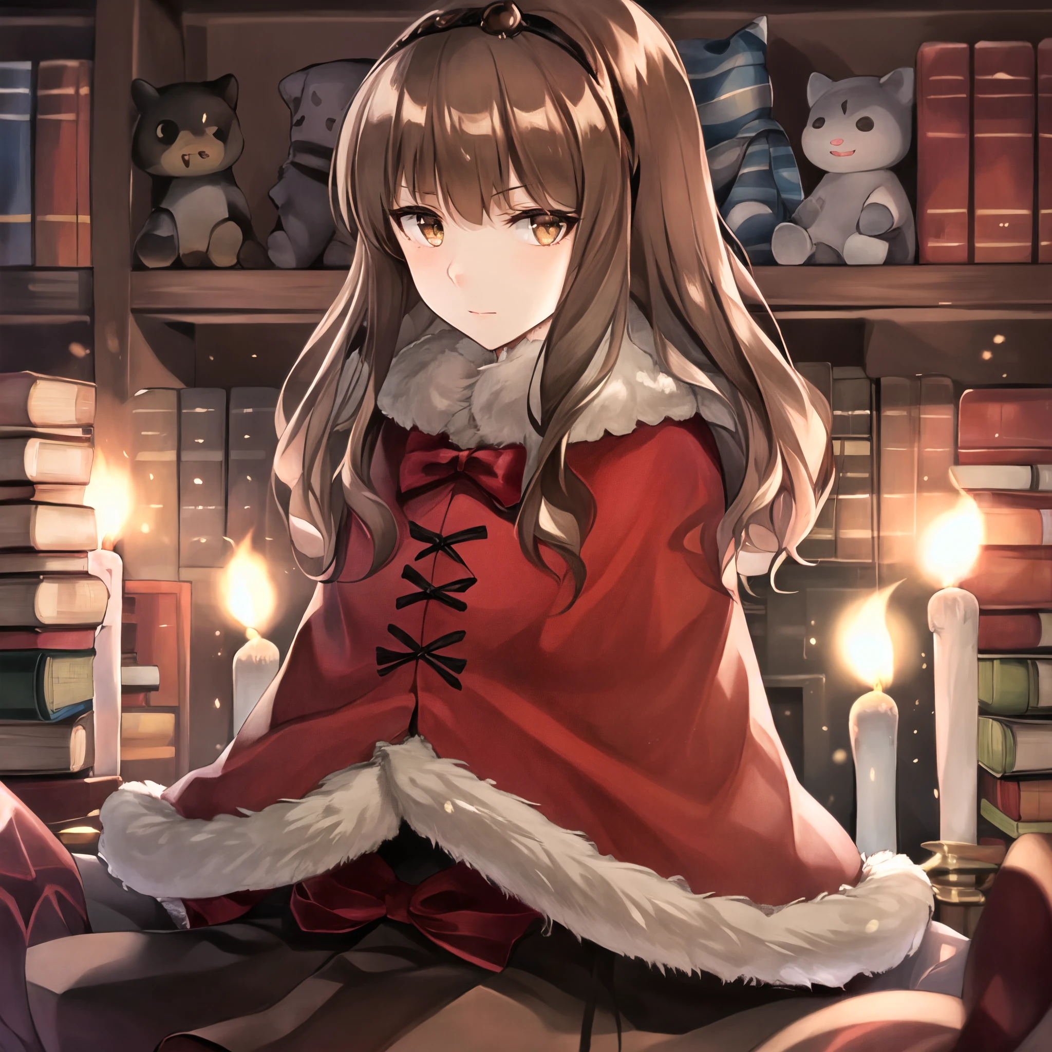 best quality masterpiece, hires, Aria, 1girl, brown eyes, brown hair, fur trim, hairband, skirt, capelet, red capelet, brown skirt, black bow, indoors, candles, dim light, shelf, books, glitter, light particles