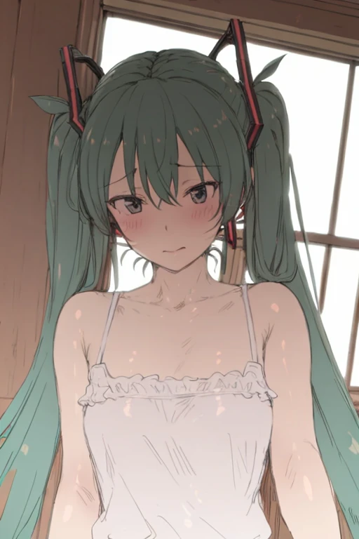 ,masterpiece, best quality,<lora:style09:1>,1girl,hatsune miku, long hair,green hair,twintails, headgear,