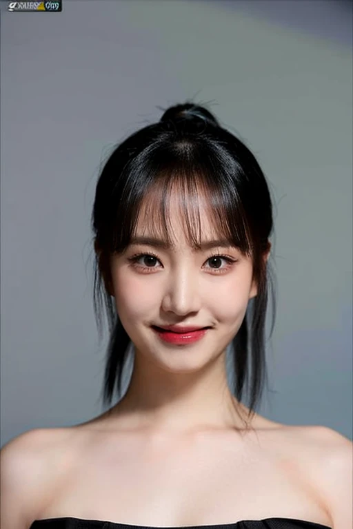 (masterpiece, top quality, best quality, (close-up photograph: 2), ((1girl)), fair skin, (((closed lips))), small eyes, (extremely detailed face), looking straight, ultra-detailed eyes and pupils, ((bare pectorals)), ((bare chest)), bare head, nude dress, (((bare shoulders))), symmetrical frame, ((strapless)), (((smile))), ((symmetrical pose)), looking at viewer, (((looking at viewer))), (symmetrical face: 1.6), 35mm, simple grey background, ((studio lighting)), no watermark, ((ponytail)), bangs, <lora:lizlorashy:1>